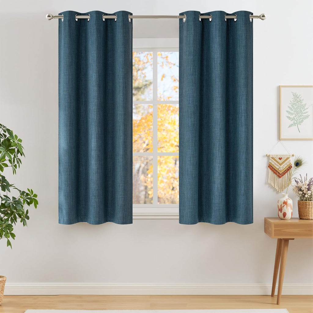 NICETOWN Short Faux Linen Blackout Curtains - Stone Blue Privacy Panels for Kitchen | 63 Inches, 2 Panels