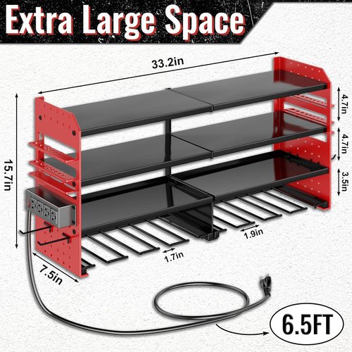 Large Power Tool Organizer by Heavy Duty | Wall Mount Charging Station with 8 Drill Holders - Red