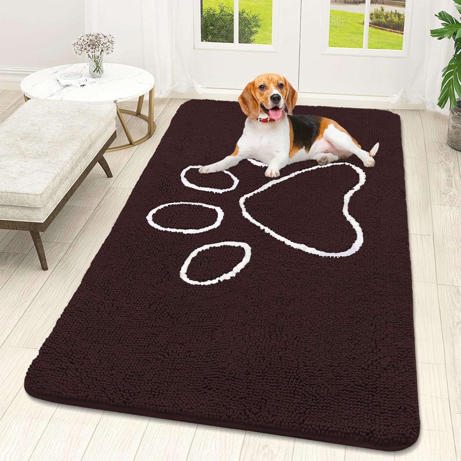 OLANLY Dog Door Mat - Absorbent Non-Slip Mud Mat for Paws | 59x32 Paw Print Design, Quick Dry Brown