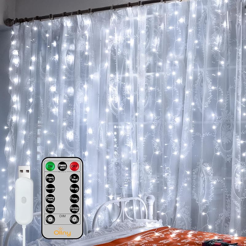 Ollny Curtain Lights 6.6x6.6ft 200 LED White with Remote – Cool White Variation