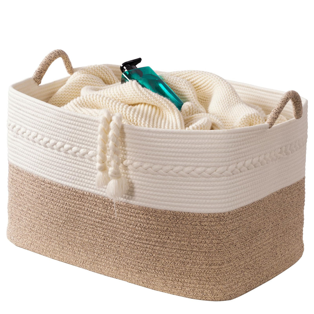Extra large laundry basket woven from natural cotton rope with handles storage blankets for living rome big decorative quilted baskets for clothes toys pillows hamper 24"x16"x14" white/brown