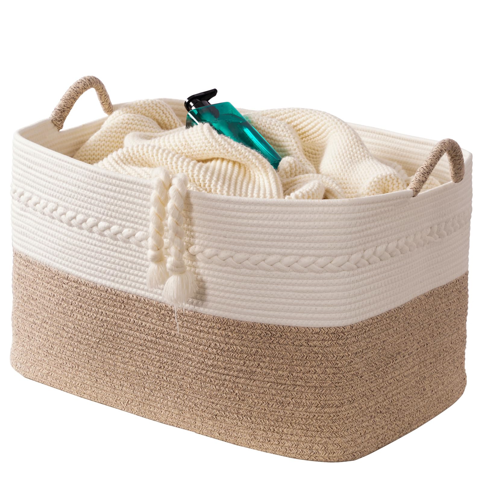 Extra large laundry basket woven from natural cotton rope with handles storage blankets for living rome big decorative quilted baskets for clothes toys pillows hamper 24"x16"x14" white/brown