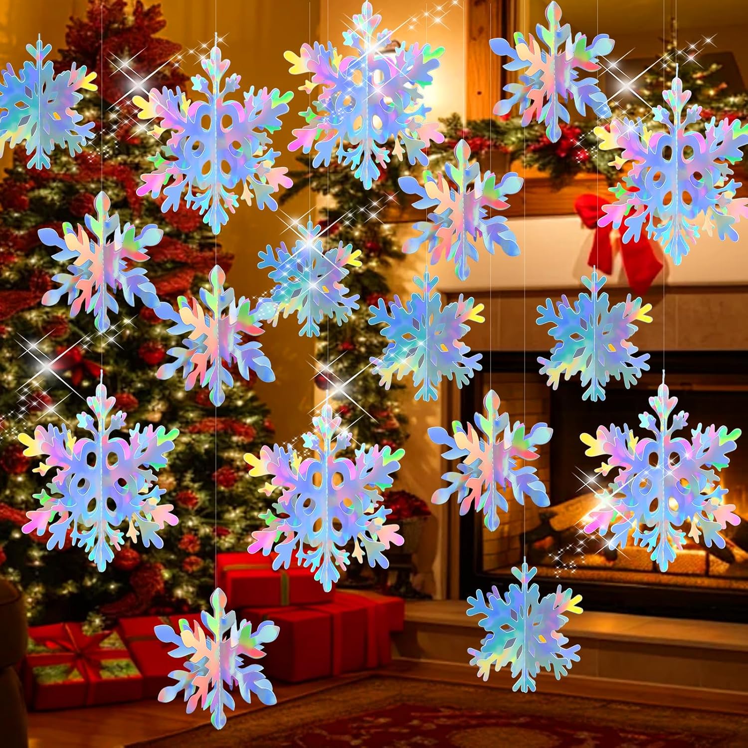 Skiennix 18 Pcs 3D Snowflake Decorations - Iridescent Hanging Ornaments for Winter Wonderland Decor