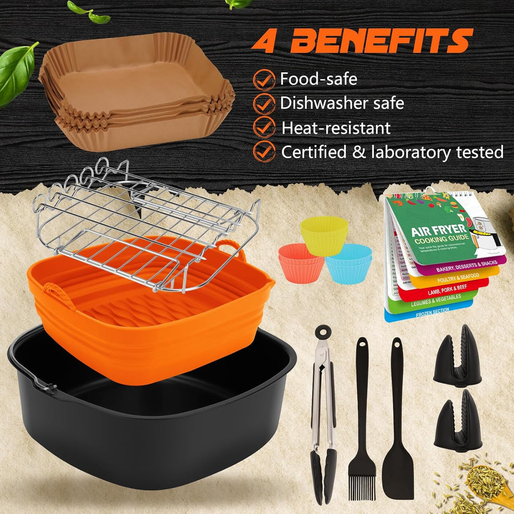 Skiennix 14-Piece Air Fryer Accessories Set - Silicone Liners, Pizza Pan & Baking Cups | Fits 5.8-8QT Models