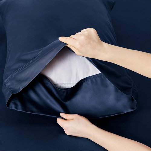 Bedsure Queen Sheet Set - Cooling Rayon Bamboo Sheets | Breathable, Soft & Deep Pocket Up to 16 Inches - Navy