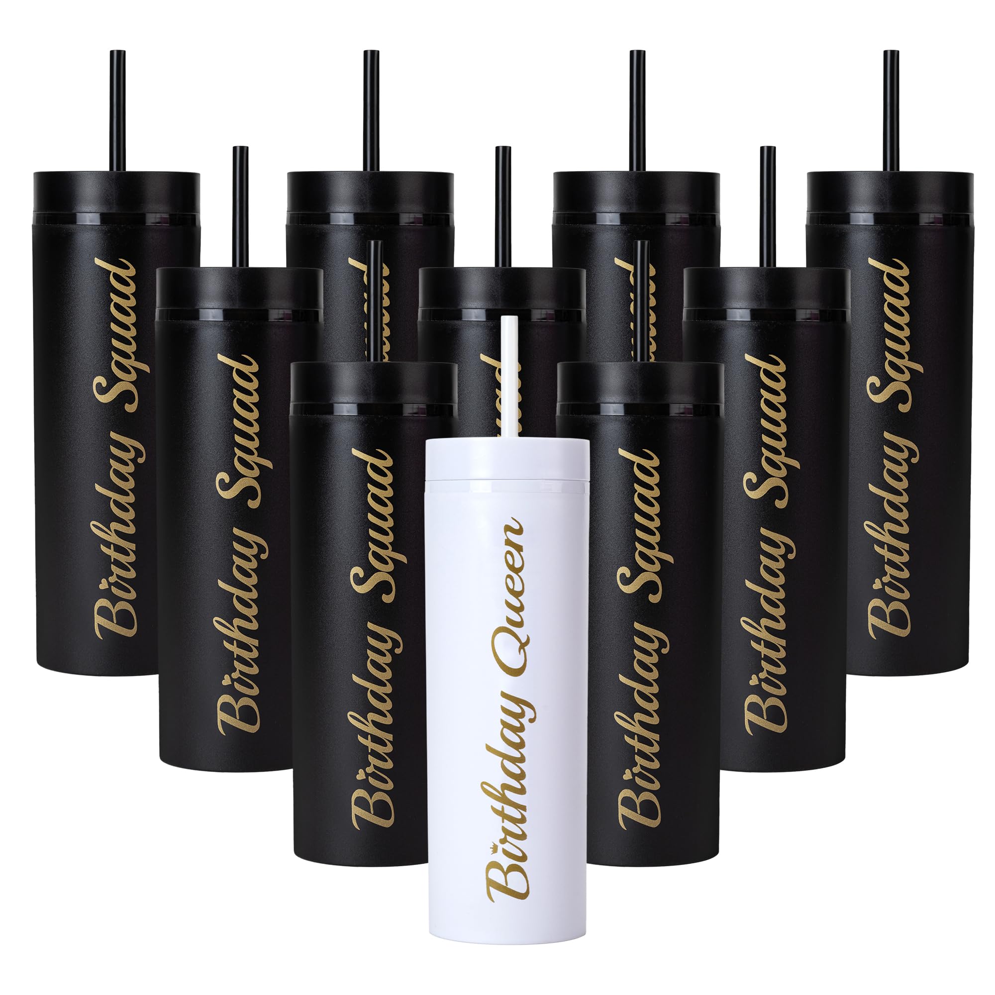10 Pack Birthday Party Cups 16 oz Double Wall Birthday Squad Tumblers Birthday Queen Plastic Tumbler with Lid and Straws Birthday Cup Women Trip Cups for Women Trip Weekend Birthday Gifts(Black)