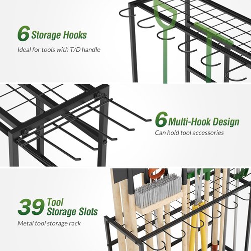 Garden Tool Organizer Rack - Heavy-Duty Steel with Wheels | Holds Up to 39 Tools, 12 Hooks, Black