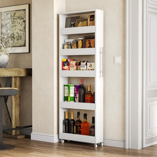 LITTLE TREE 63-Inch Slim Storage Cart on Wheels, 5-Tier Tall Narrow Mobile Shelf Organizer, Rolling Utility Cart with Metal Handle for Kitchen, Dining Room, Small Spaces, White