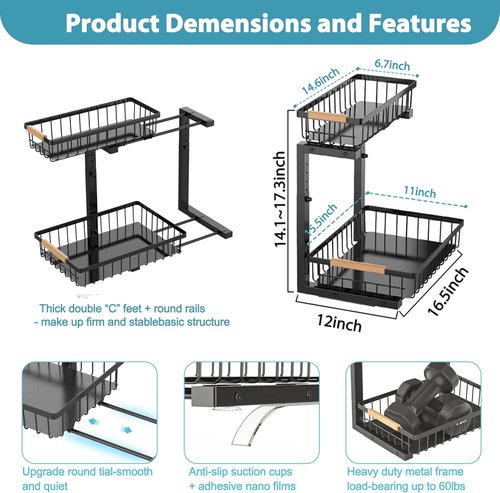 Liuoud Under Sink Organizer - 2 Pack Adjustable 2-Tier Storage Solution for Kitchen & Bathroom - Black