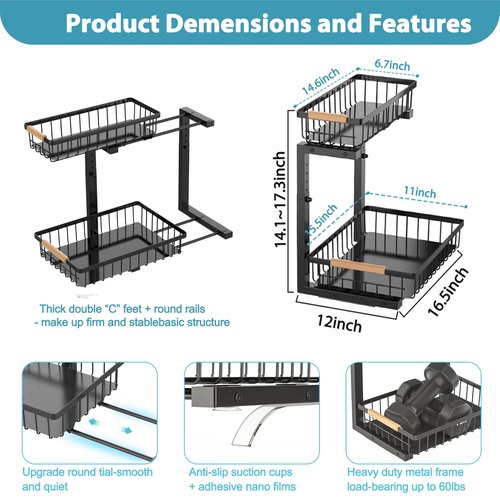 Liuoud Under Sink Organizer 2 Pack, 2 Tier Slide Out Large Capacity Height Adjustable Under Sink Organizers and Storage for Kitchen Bathroom Cabinet, Black