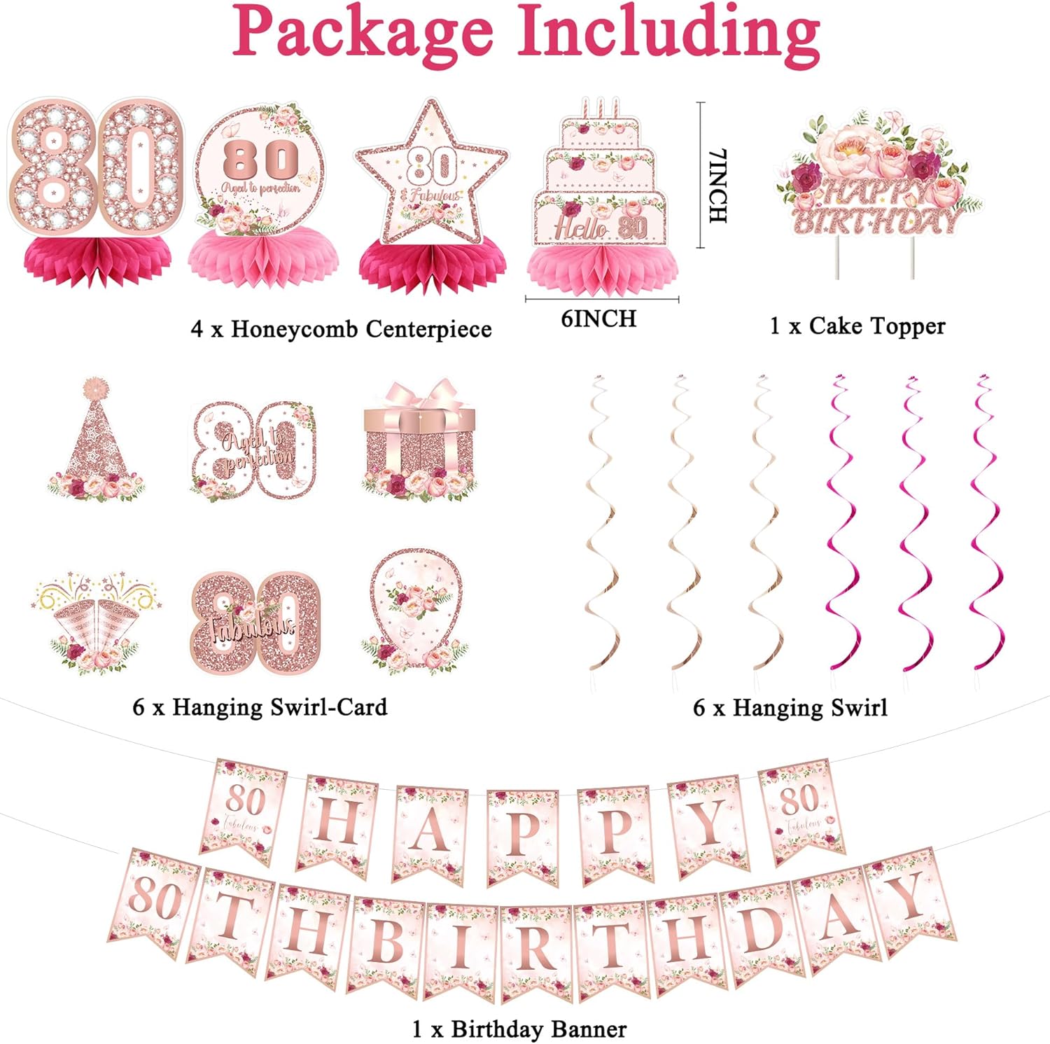 Vlipoeasn 80th Birthday Decorations - Rose Gold Backdrop Banner, Cake Topper & Honeycomb Swirls