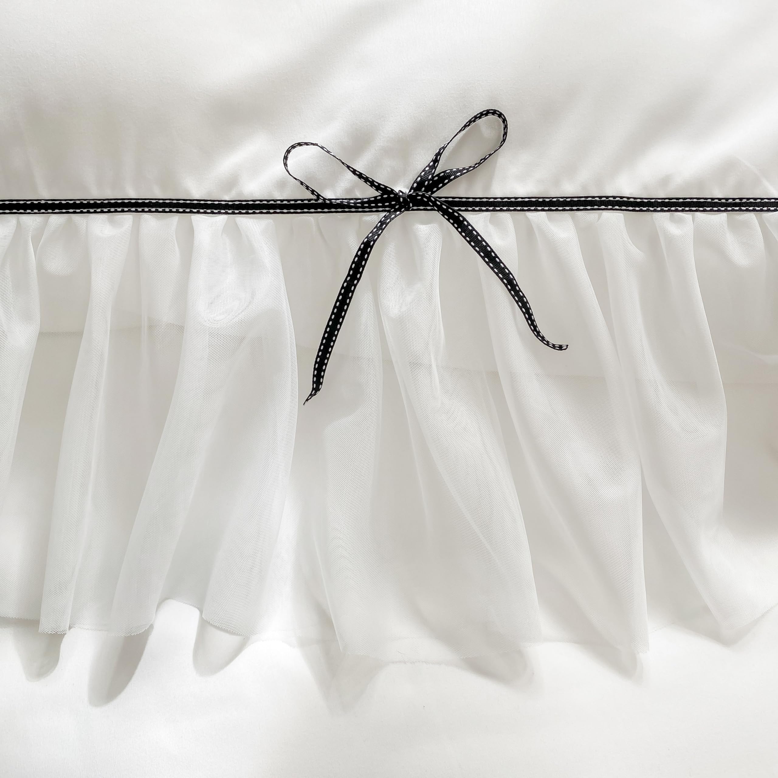 SOUKECHY White Lace Ruffled Queen Duvet Cover Set, Bow Duvet Cover,Chic Kids Bedding,100% Polyester,Lightweight Duvet Cover Set with Zipper Closure for Girls