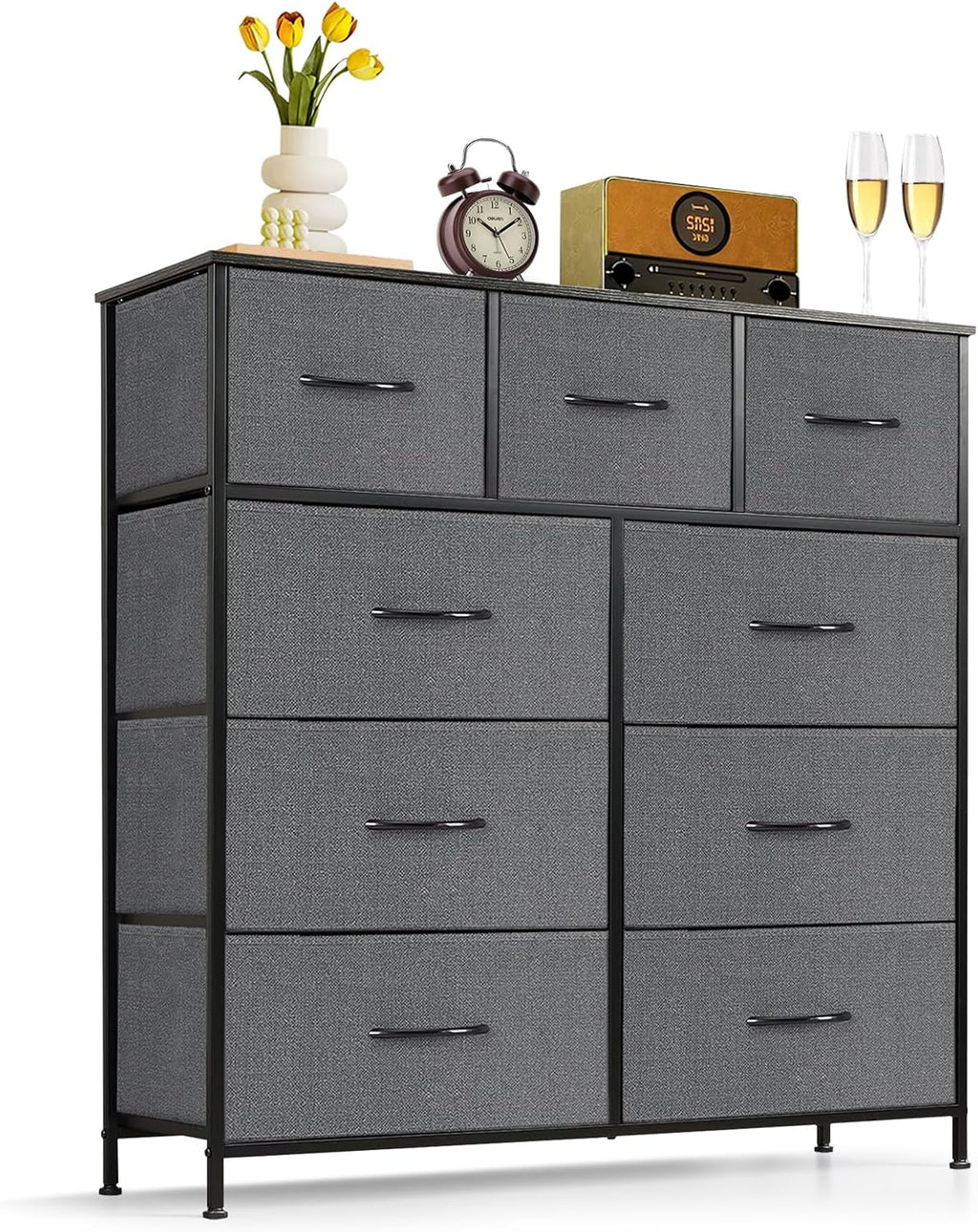 Regine Switzerland 9-Drawer Dresser - Anti-Tip Tall Storage Organizer with Wooden Top & Metal Frame | Gray