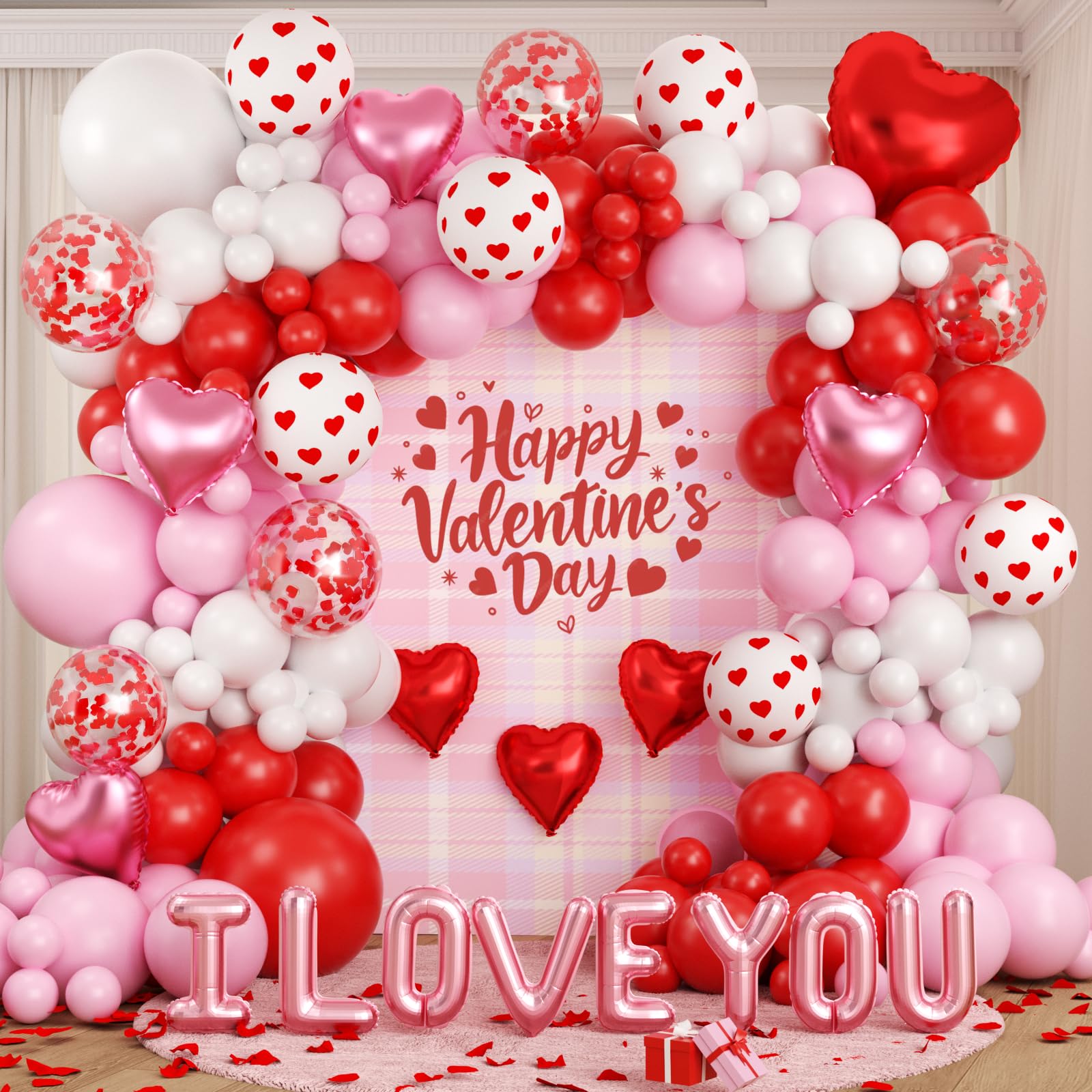 OTLGEUA Valentines Day Balloon Garland Arch Kit, Pink Red I Love You Balloons with Rose Petals for Bachelorette Bridal Wedding Engagement Birthday Galentines Romantic Valentines Party Decorations