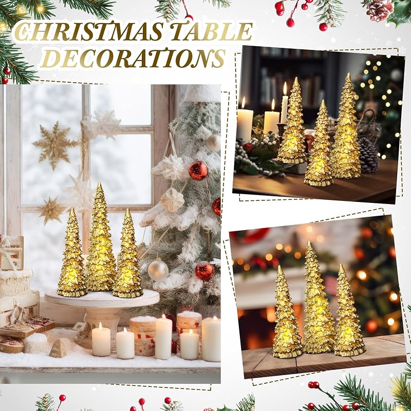 Gold 3-Pieces Lighted Christmas Tree Figurines Set – 11" & 9" Tabletop Ornaments (Variation: Gold)