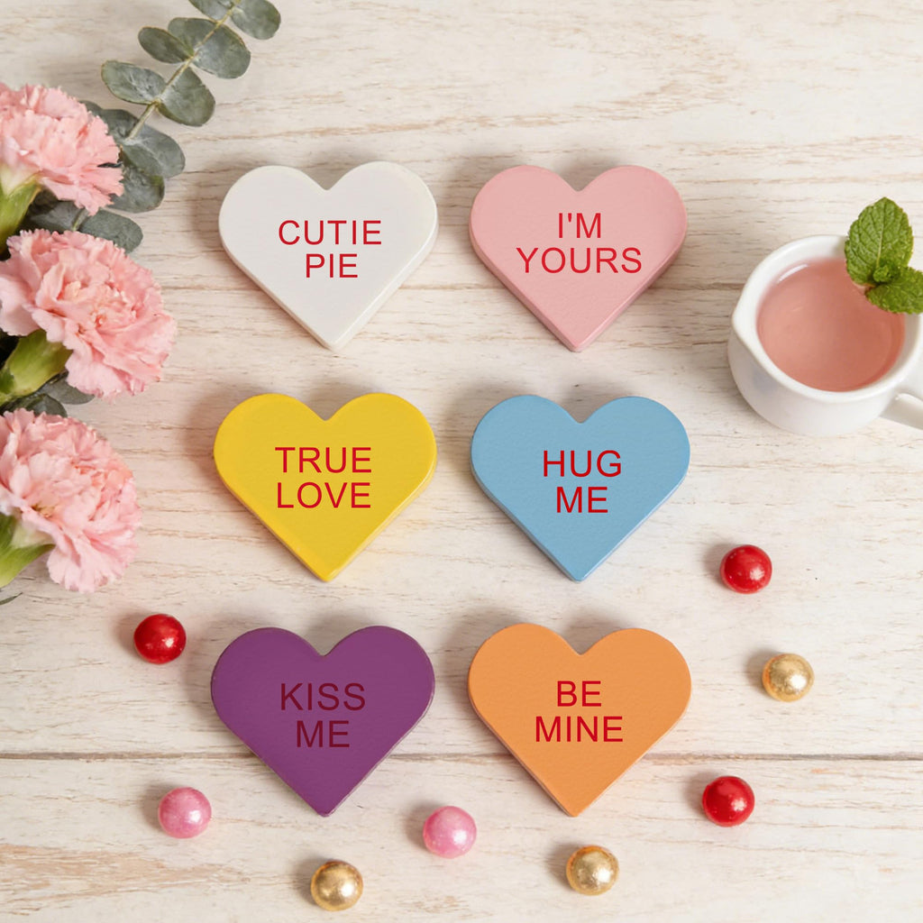 6 Pack Wooden Conversation Hearts Decor - Valentine Mantel Decor,Heart Signs for Home Shelf, Tiered Tray, Fireplace & Office Decorations