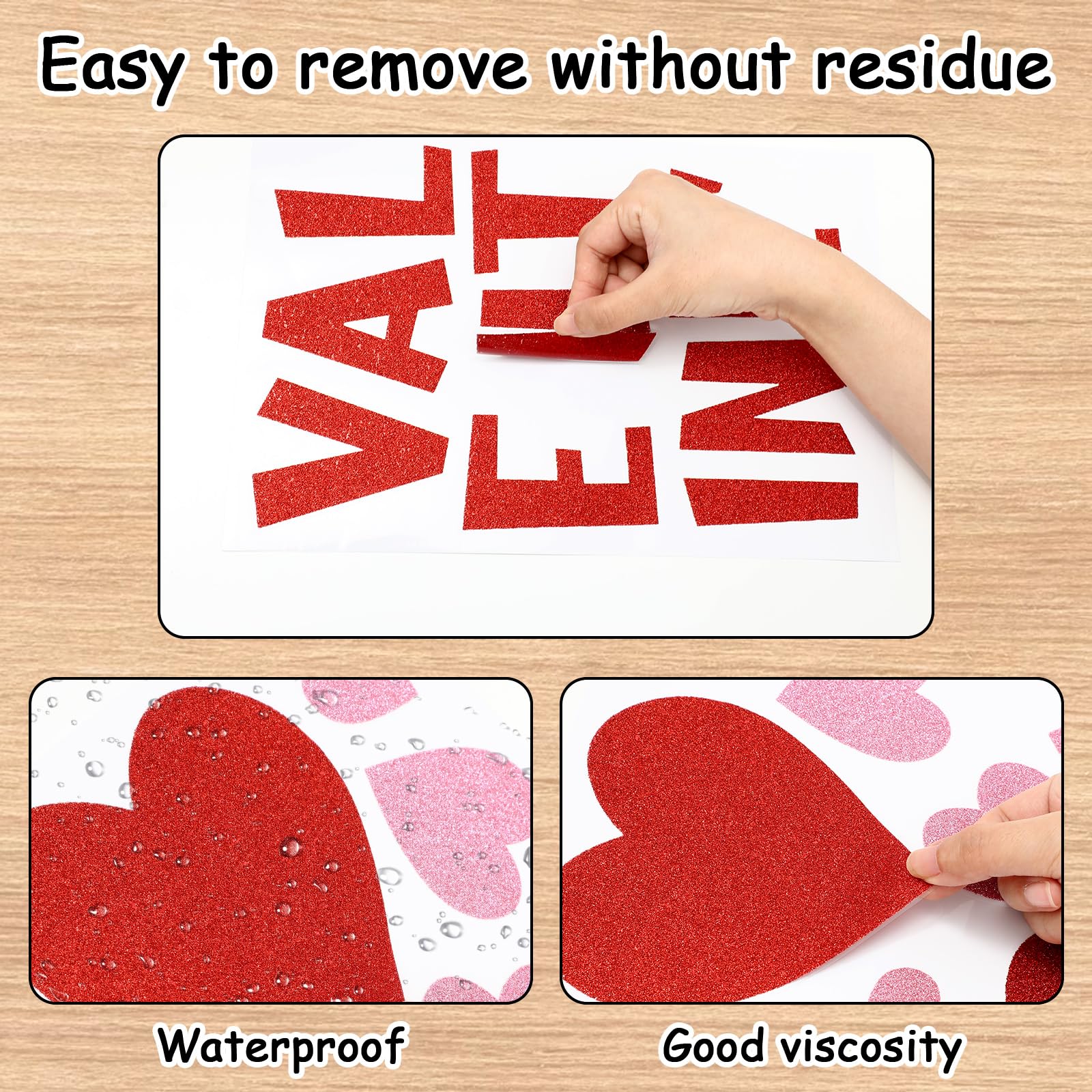 Whaline 9 Sheets Valentine' s Day Wall Stickers Glitter Red Pink Heart Room Mural Stickers Peel and Stick Wall Decals for Home School Office Wedding Anniversary Party Supplies