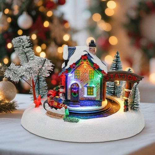 innodept12 Christmas Snow-Village Santas Wonderland House - Animated Rotating Train, Resin Holiday Decor with Music and LED Lights for Indoor Tabletop Display