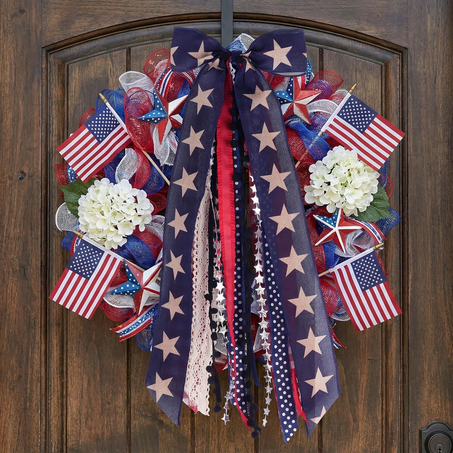 Patriotic Front Door Wreath by [Brand Name] - 8-Ribbon Americana Star Bow with Metal Clip | Red, White, and Blue Decor for Independence Day