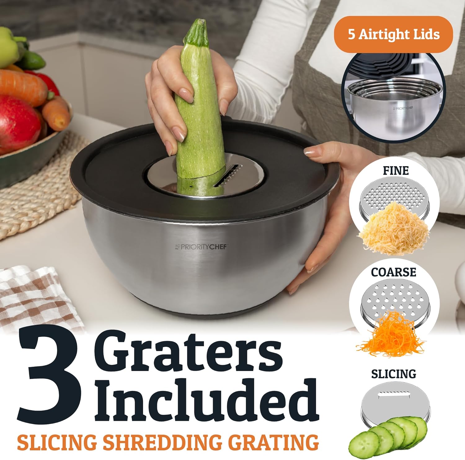 Priority Chef Stainless Steel Mixing Bowls Set - Airtight Lids, Non-Slip Base & Utensil Set | Black