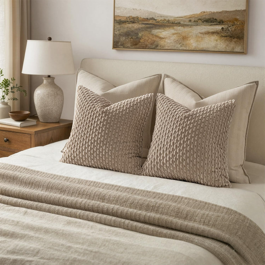 MIULEE Pack of 2 Decorative Throw Pillow Covers 18x18 Inch Soft Boho Striped Textured Corduroy Pillow Covers Modern Farmhouse Home Decor for Couch Bed Sofa Living Room Neutral Light Brown