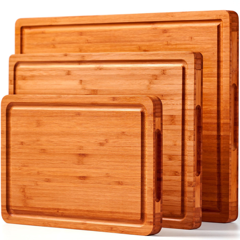 Allsum Carbonized Bamboo Wood Cutting Boards for Kitchen, 1” Thick Wooden Butcher with Juice Grooves and Handles, Cute Cheese Charcuterie Boards as a Gift for Chef, Family, 3 Pack