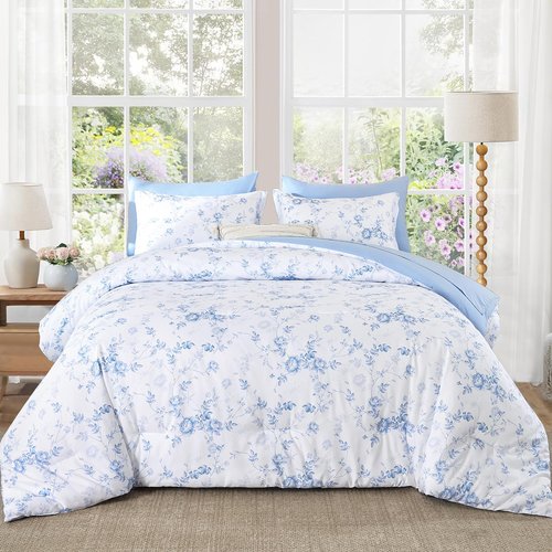 Luxudecor Floral Queen Comforter Set 7 Pieces Bed in a Bag, Blue Rose Romantic Flower Bed Set, Soft Reversible Comforter with Sheet Set 90"x90"