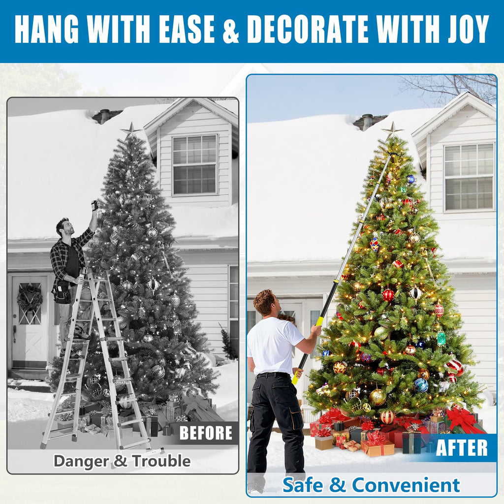UQM 12 Ft Telescopic Extension Pole with Utility Hook, Telescoping Pole for Hanging Christmas Lights String Lights Birdfeeder, Heavy-Duty Christmas Light Pole Hanger Tool Tree Without Ladder