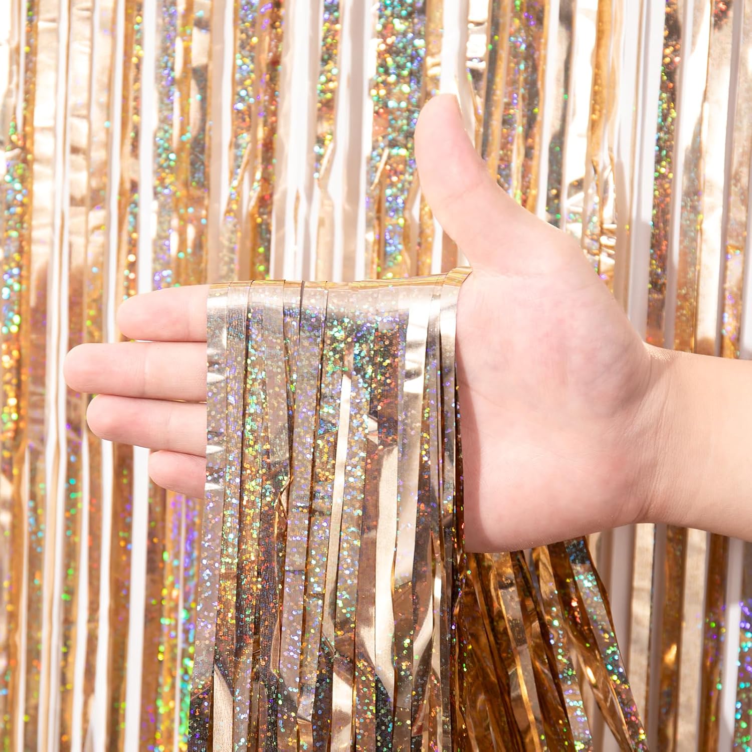 Voircoloria 3 Pack | 3.3 x 8.2 Ft Laser Champagne Foil Fringe Backdrop Curtains - Perfect for Parties & Events