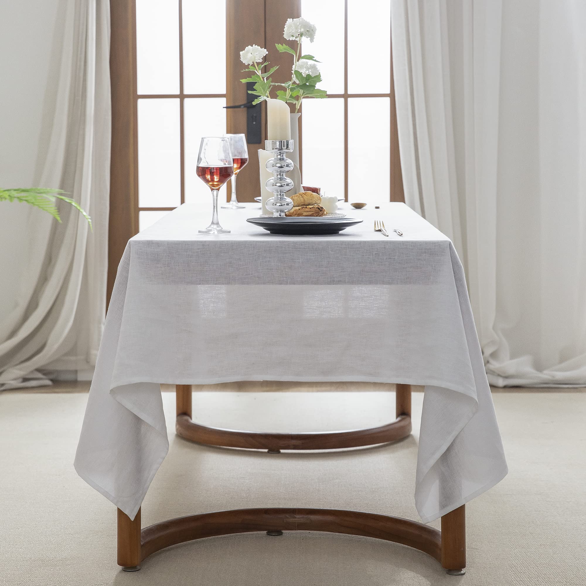 EVERLY 100% Pure Linen Rectangle Tablecloths 60x84Inches for Dining, Buffet Parties, Picnic,Events, Weddings and Restaurants, Decorative Halloween, Thanksgiving Machine Washable Tablecloths-White