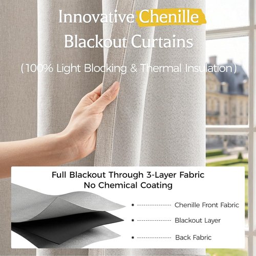 Chenille Blackout Curtains by [Brand Name] - Luxury Thermal Insulated Drapes | 84 Inch Long, Beige, 2 Panels