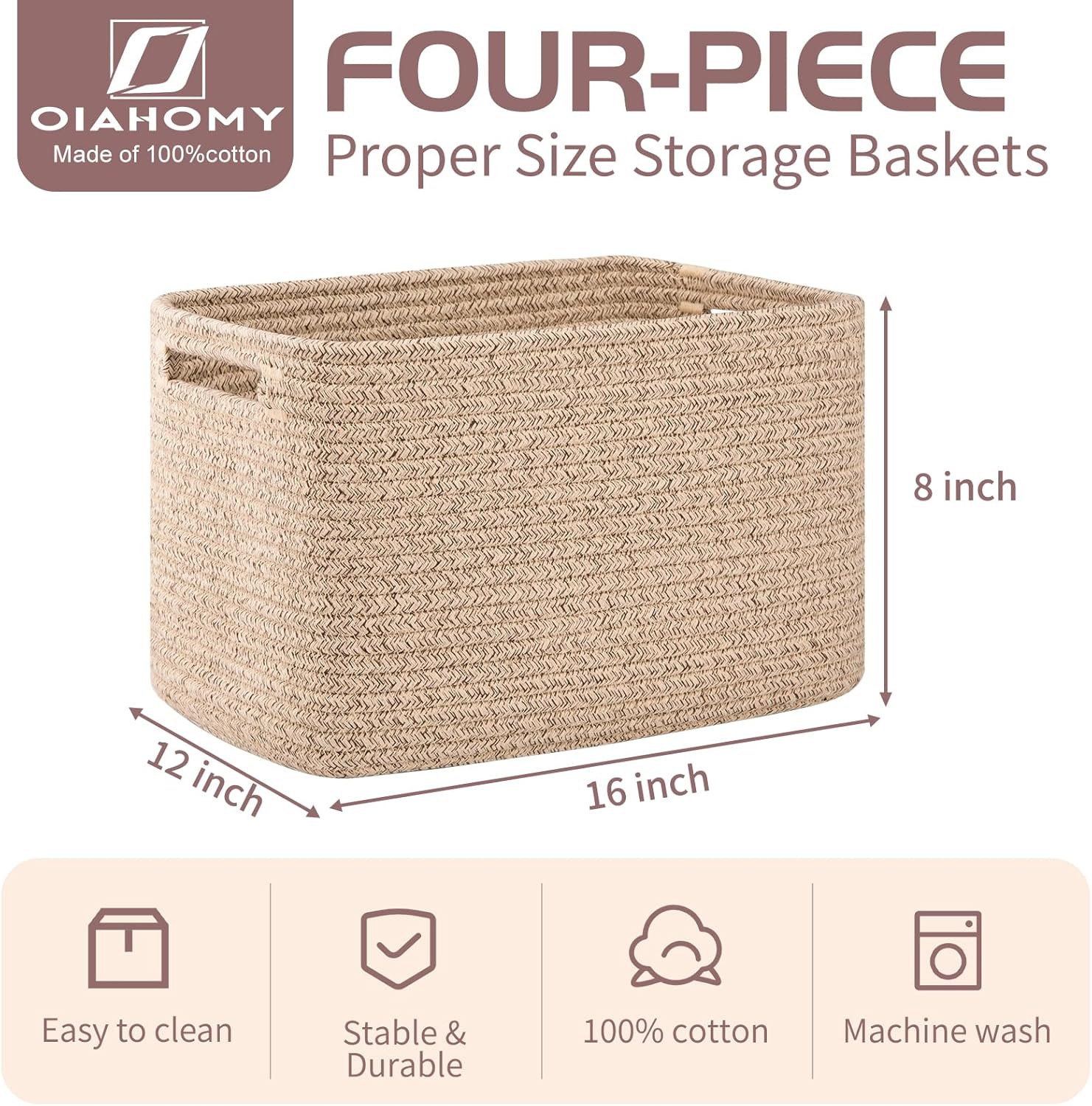 OIAHOMY Storage Baskets - 4 Pack Woven Cube Organizers with Handles | 16''L x 12''W x 8''H, Brown