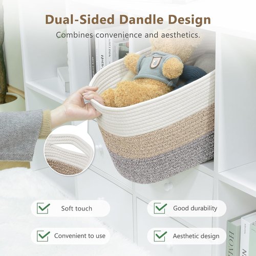 ECDYQXVU Cotton Rope Storage Basket - Woven Organizer for Shelves, Clothes, Towels | 15x10x9 Inches, White Brown