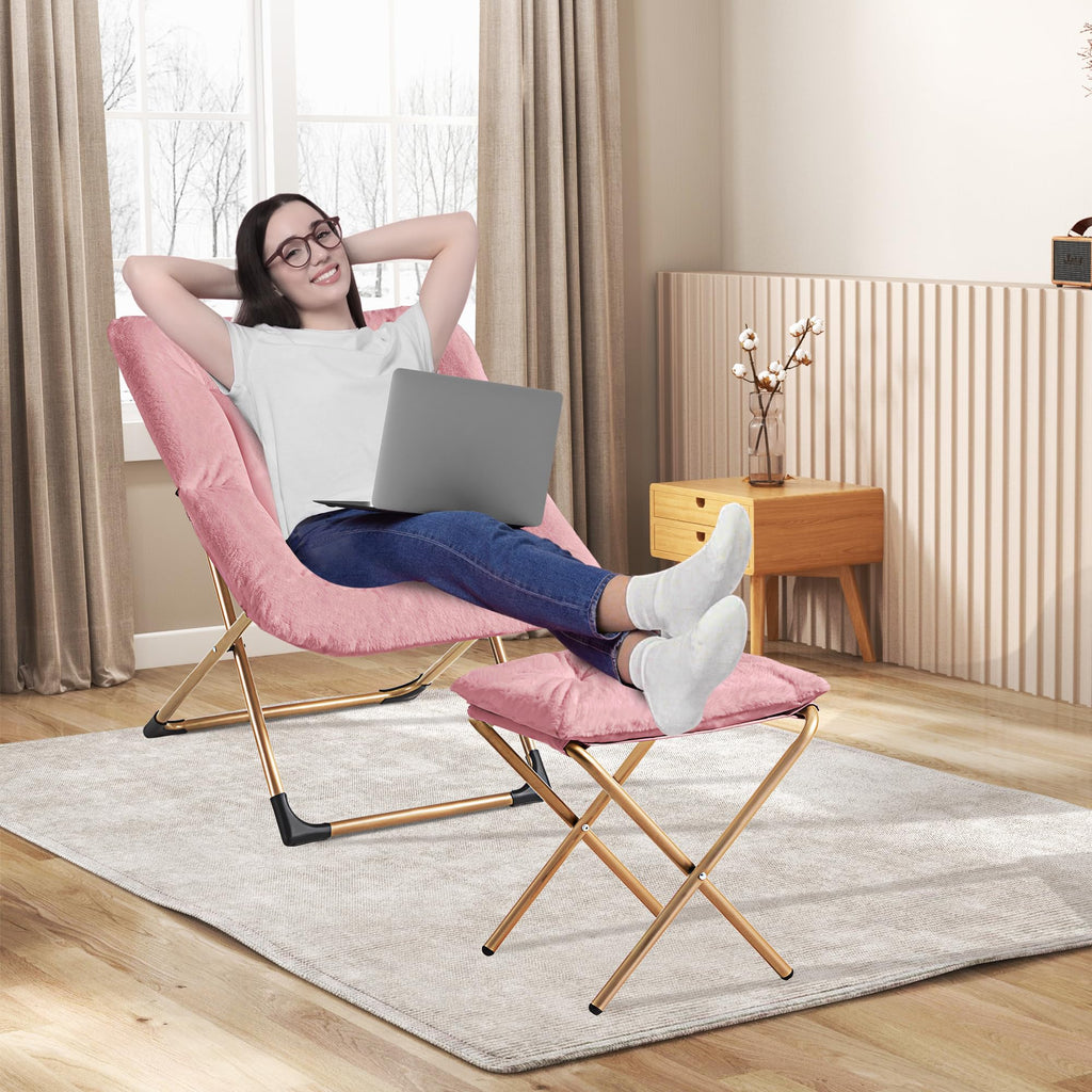 Youtanic Comfy Oversized Saucer Chair with Ottoman,Soft Faux Fur Reading Lounge Chair for Adults,Stable X-Large Metal Frame and Non-Slip Pad,Cozy Chair for Bedroom, Living Room, Dorm, Office, Pink