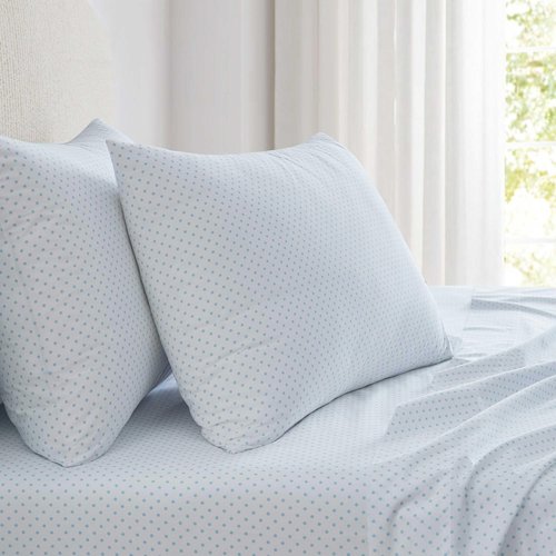 Martha Stewart - Queen Size Sheets Set, Crisp & Tailored Cooling Sheets with a Naturally Smooth Cotton Percale Lightweight Feel - Bed Sheets with Matching Pillowcases & Fitted Sheet (Polka Dot Blue)