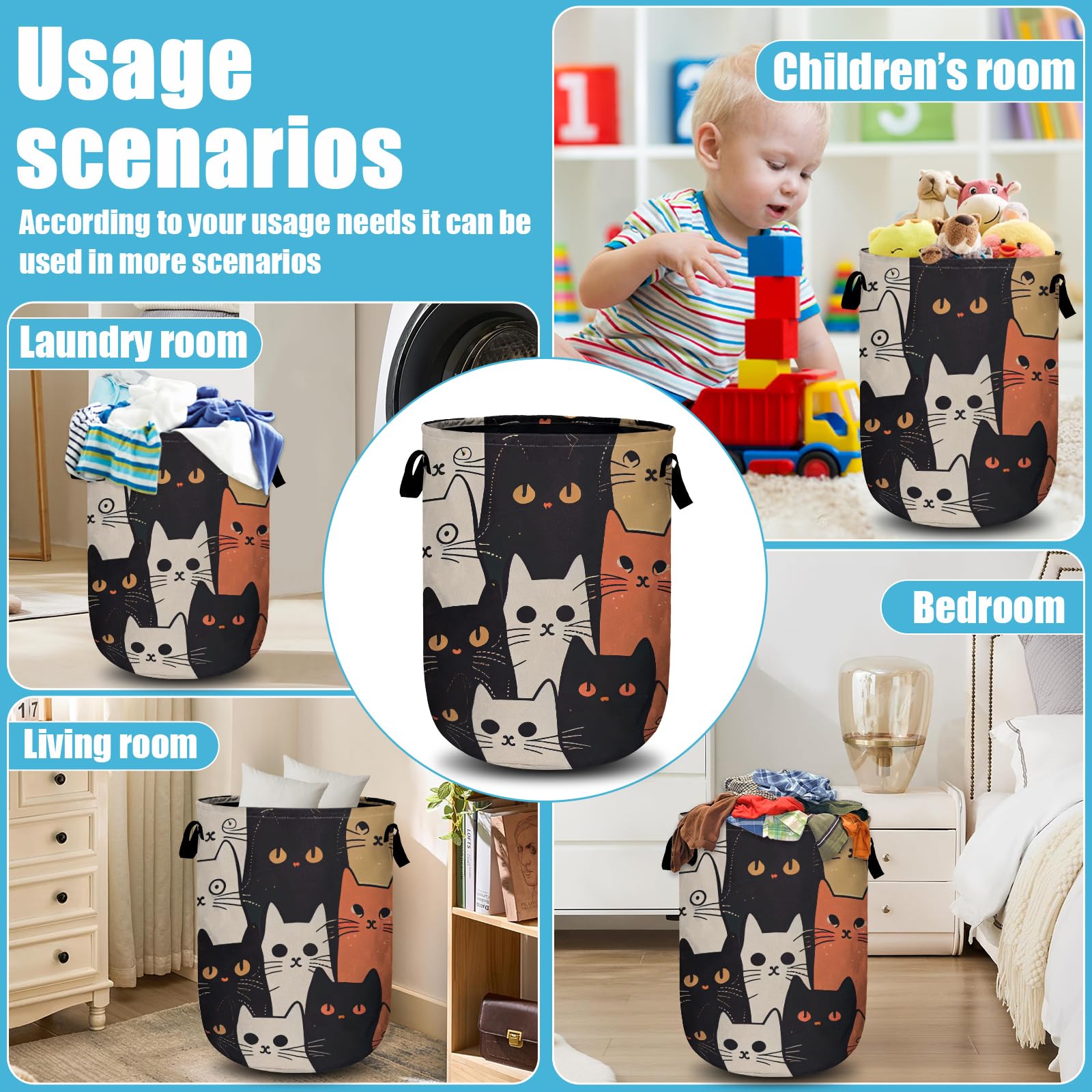 Watercolor Funny Cat Laundry Basket, Laundry Hamper Collapsible Oxford Cloth with Handle Clothes Storage Bin for Bathroom Laundry Room Bedroom 15.7 X 20 Inch