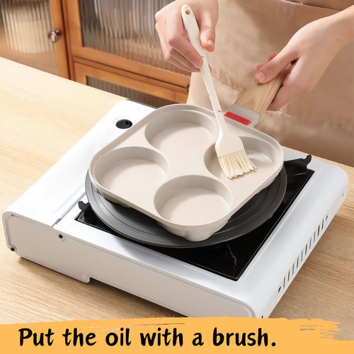 Foorey Home Egg Pan 4 Cup Nonstick Frying Omelette Pan with Lid for Breakfast Skillet for Eggs Pancake with 1 Spatula 1 Brush White
