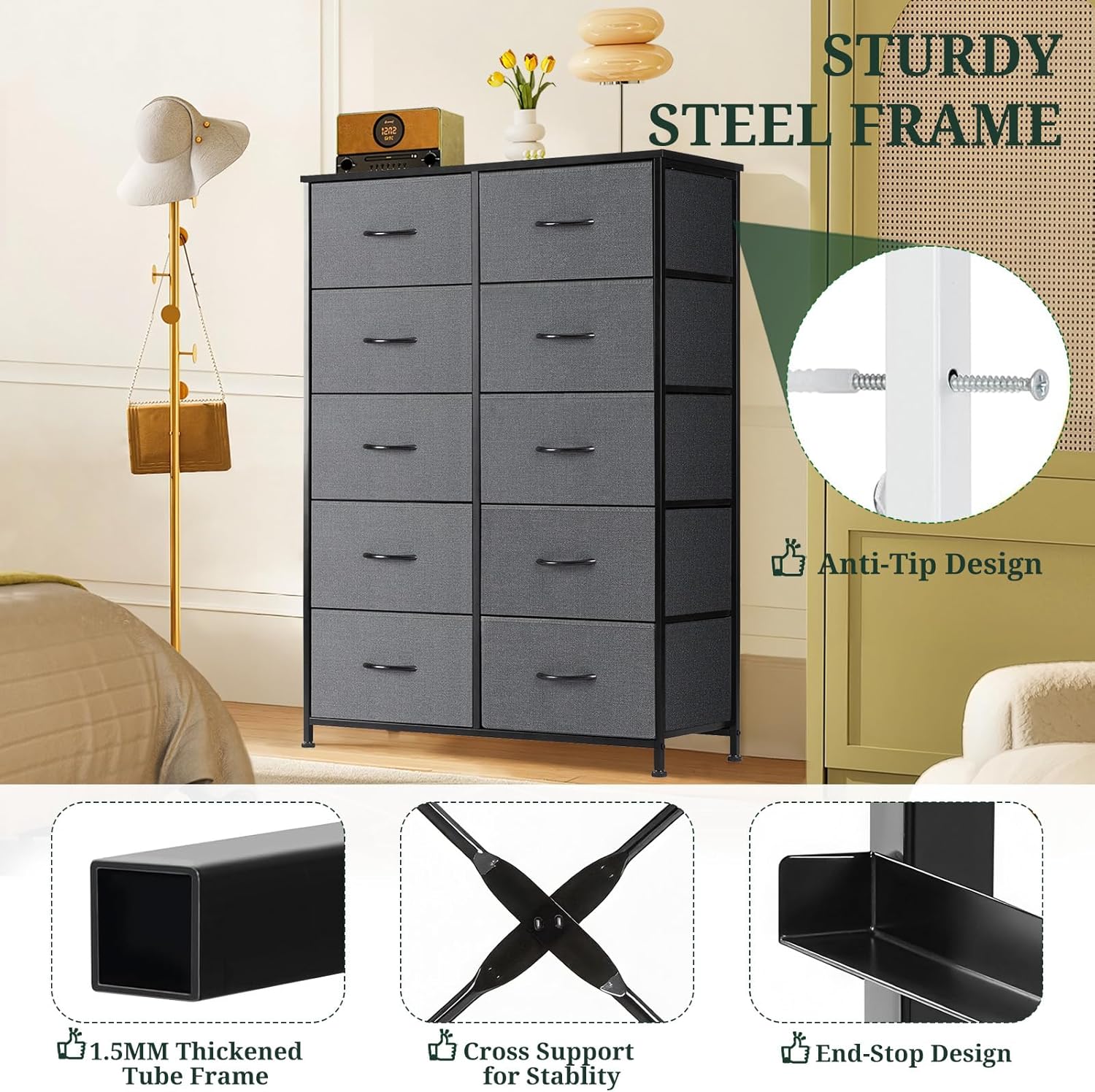 Skiennix 10-Drawer Dresser - Anti-Tip Tall Storage Organizer with Wooden Top & Metal Frame | Gray