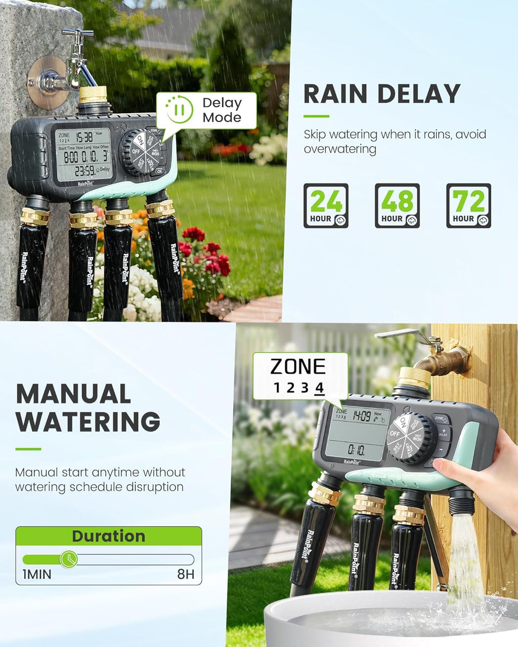 RAINPOINT 4-Zone Sprinkler Timer - Digital Watering System with Rain Delay & Manual Control for Garden Hose