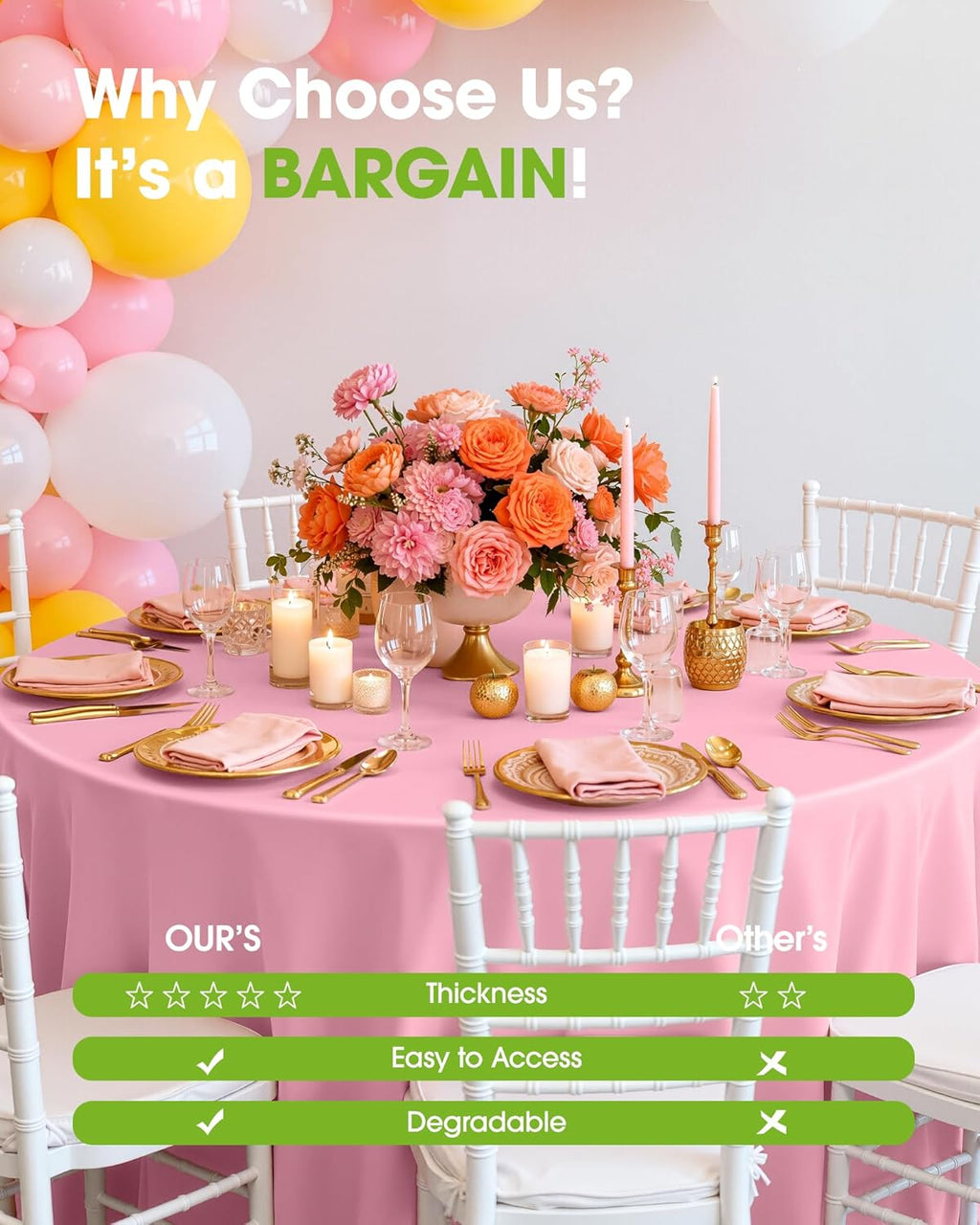 Pureegg Disposable Plastic Table Cloths - 84'' Round, Leakproof & Sturdy, 8 Pack in Pastel Pink for Easter & Mother's Day