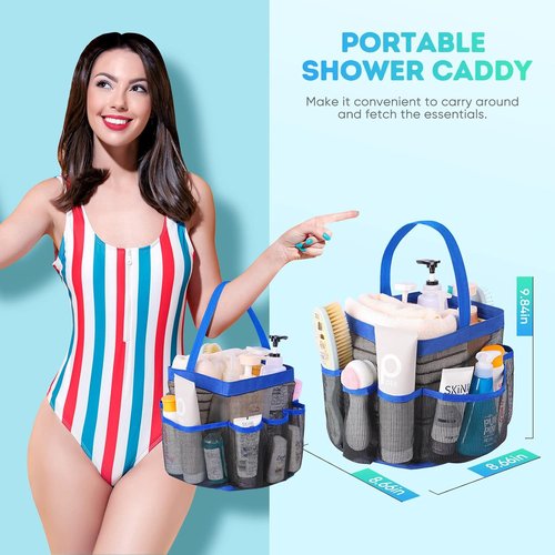 EUDELE Mesh Shower Caddy - Portable 8-Pocket Organizer for College Dorm, Beach, Gym & Travel - Blue