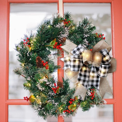 LED Christmas Wreath Bow by Buffalo Plaid - Rustic Black & White Burlap with Lights | 9.5 x 13 Inch