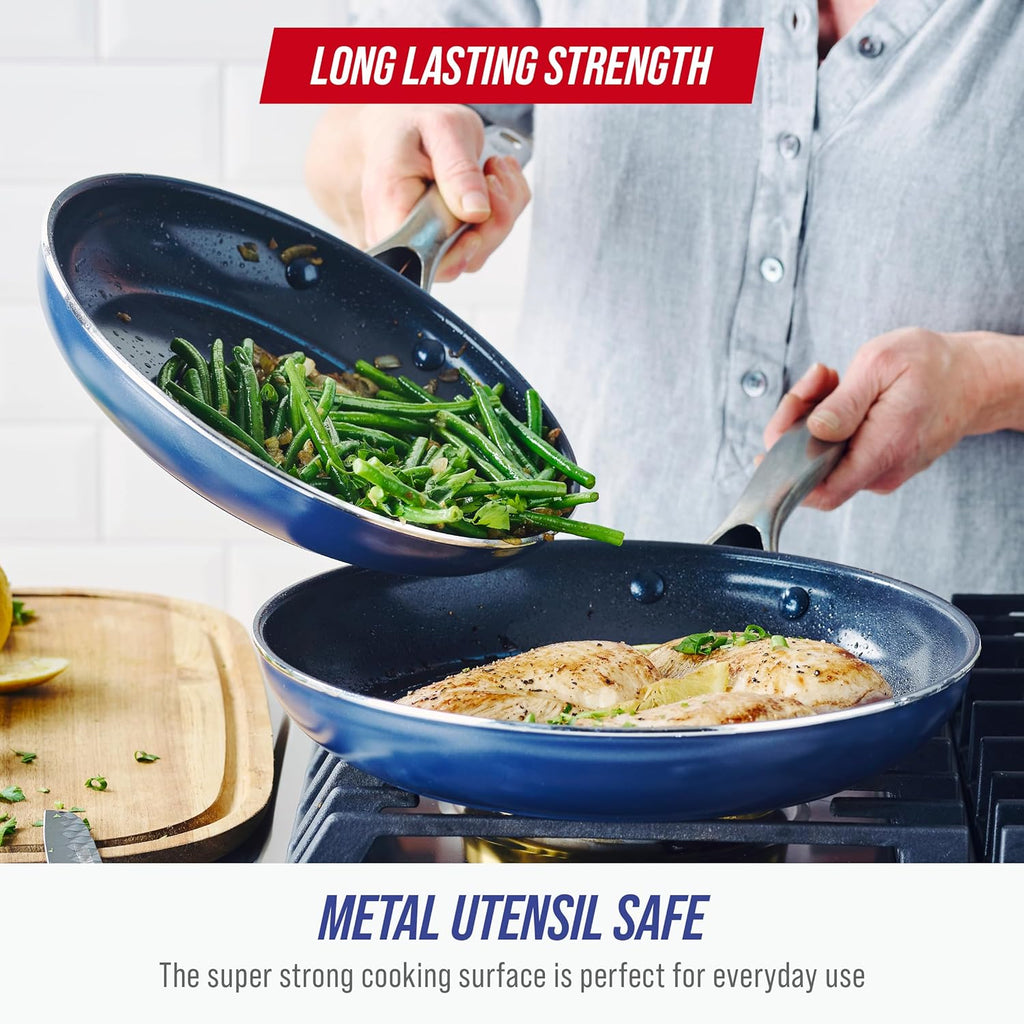 Blue Diamond Frying Pan Skillet Set - 9.5” & 11" Nonstick Ceramic, PFAS-Free, Durable & Dishwasher Safe, Blue