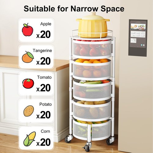 SAYZH Fruit Vegetable Basket for Kitchen, Rotating Storage Rack, 5 Tier Rolling Cart with top lid, Large Metal Wire Wheels (White)
