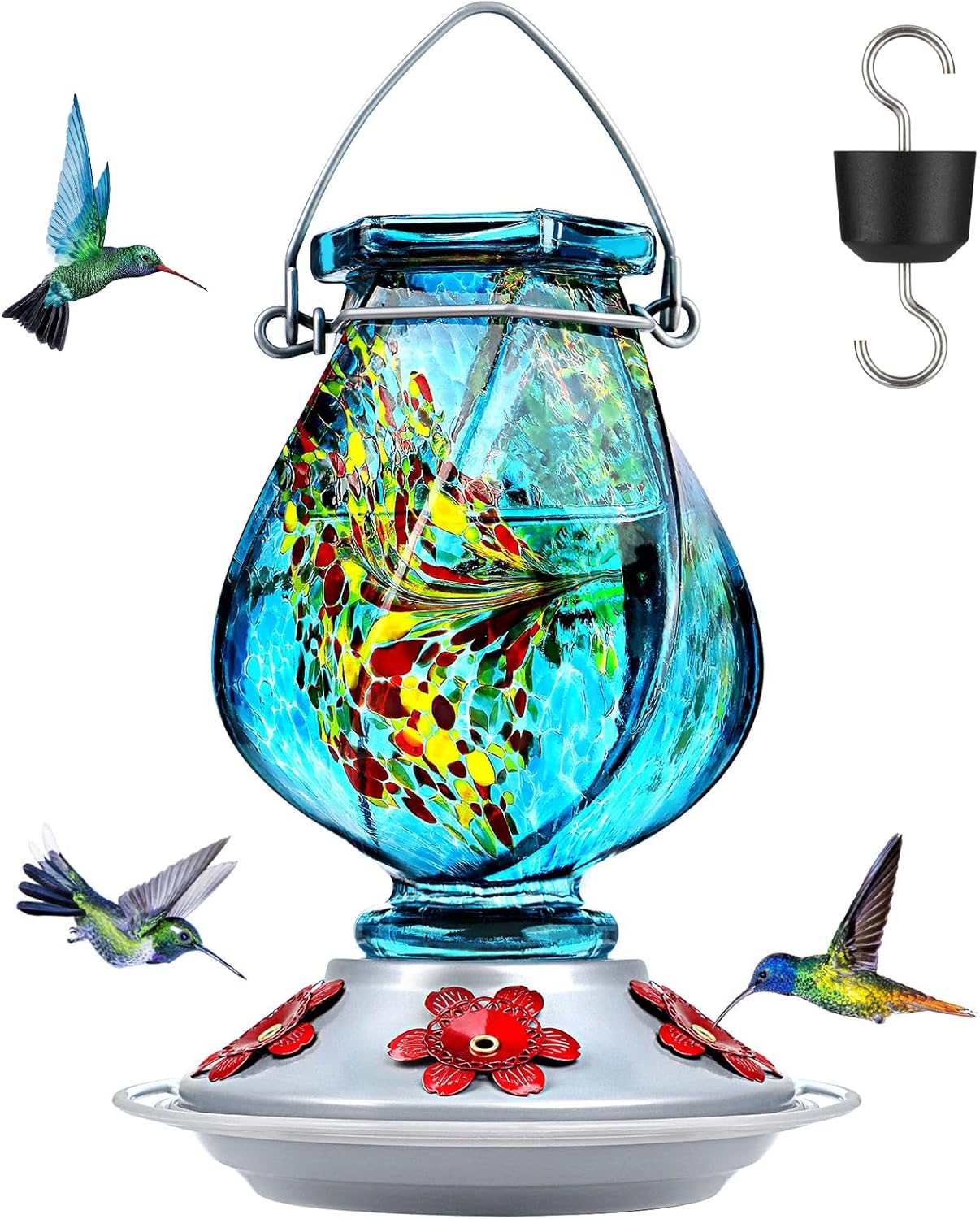 BOLITE Hummingbird Feeder - Hand Blown Glass Design with 5 Bee-Proof Ports | 22oz, Blue, Perfect Outdoor Gift