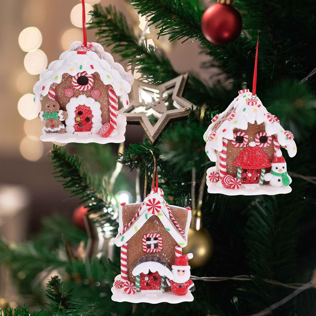 Toyvian Gingerbread House Ornaments - LED Christmas Village Decor with Santa & Snowman Figures | 3 Pcs Set