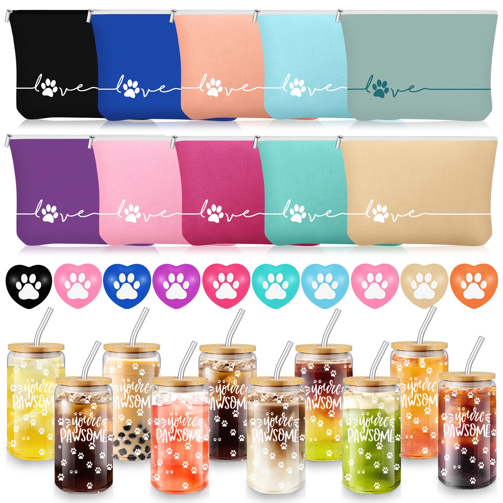 Sliner 10 Sets Veterinary Receptionist Week Gift for Women Inspirational 16 oz Glass Cups with Lid Makeup Bag with Stress Toy Vet Tech Assistant Dog Lover Cat Groomer Gifts Must Haves (Multicolor)