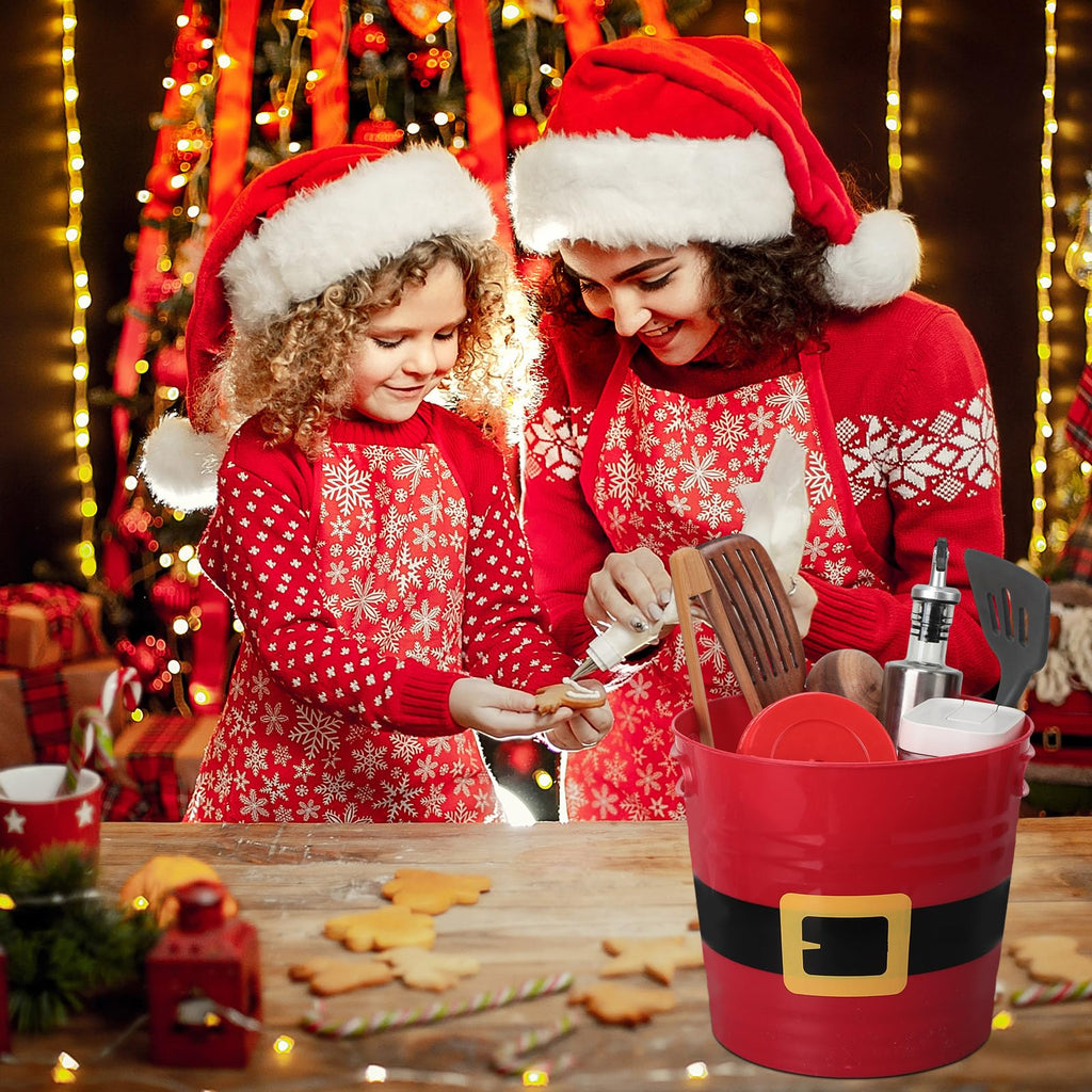 Sliner 8 Pack Empty Christmas Plastic Buckets with Handles Red Santa Belt Round Basket Multi Purpose Container Christmas Decorations Candy Bars Vase Toy Baskets for Christmas Winter