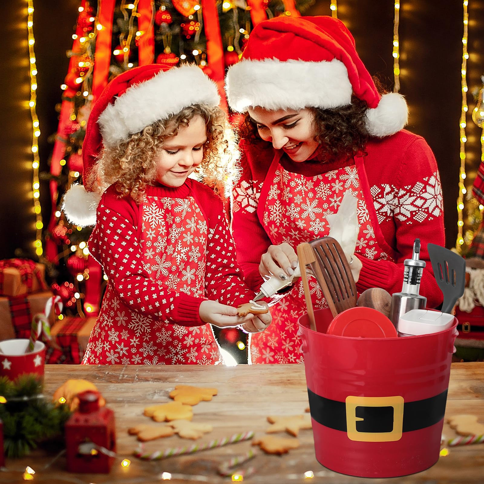 Sliner 8 Pack Empty Christmas Plastic Buckets with Handles Red Santa Belt Round Basket Multi Purpose Container Christmas Decorations Candy Bars Vase Toy Baskets for Christmas Winter