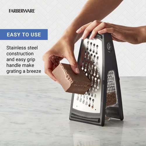 Farberware Professional Stainless Steel Grater with Container, Coarse and Fine Blades, Nonslip Base, Easy-Grip Handle, Dishwasher Safe